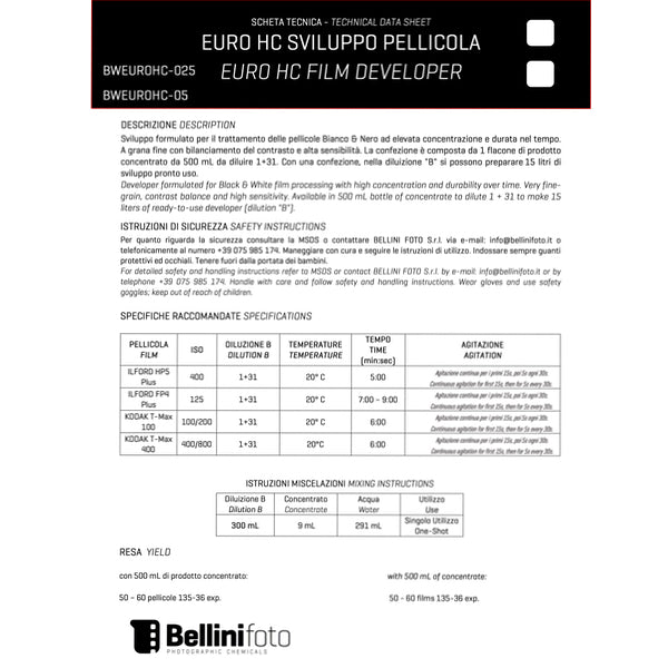 Bellini BW EURO HC 025 Sviluppo Pellicola Universale 250 ml Bellini BW EURO HC 025 Sviluppo Pellicola Universale 250 ml